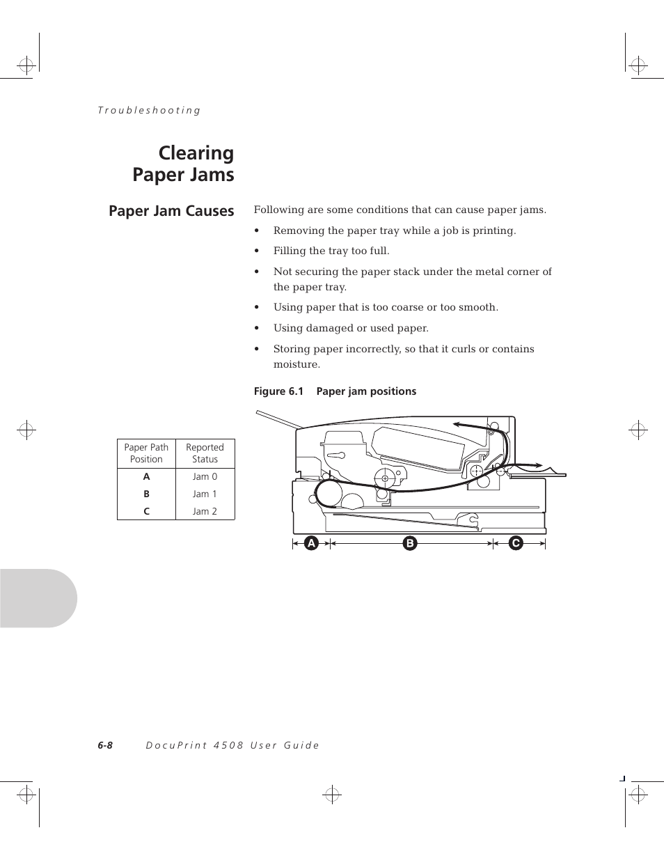 Clearing paper jams, Paper jam causes | Xerox 4508 User Manual | Page 62 / 150