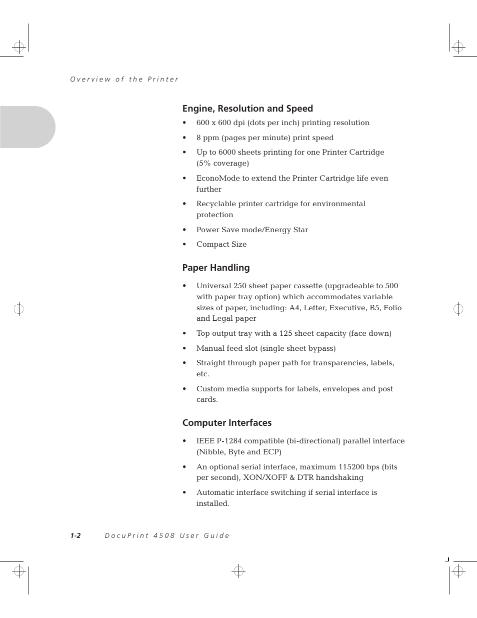 Engine, resolution and speed, Paper handling, Computer interfaces | Xerox 4508 User Manual | Page 8 / 150