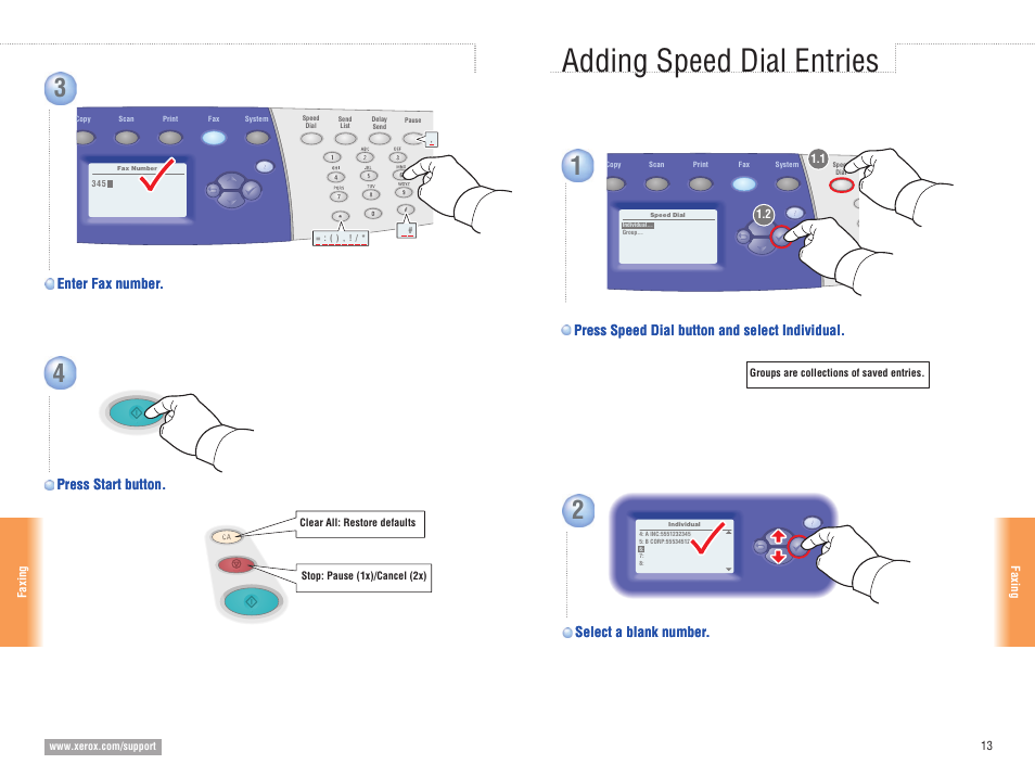 Adding speed dial entries, Enter fax number, Select a blank number | Xerox 8560MFP User Manual | Page 13 / 16