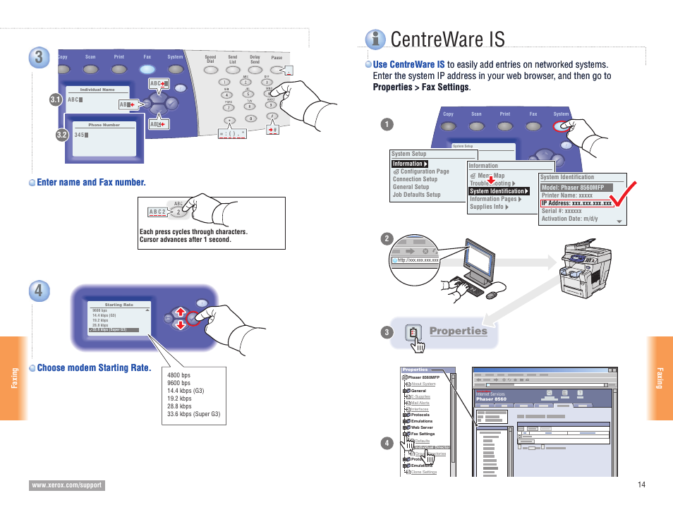 Centreware is, Properties, Choose modem starting rate | Xerox 8560MFP User Manual | Page 14 / 16