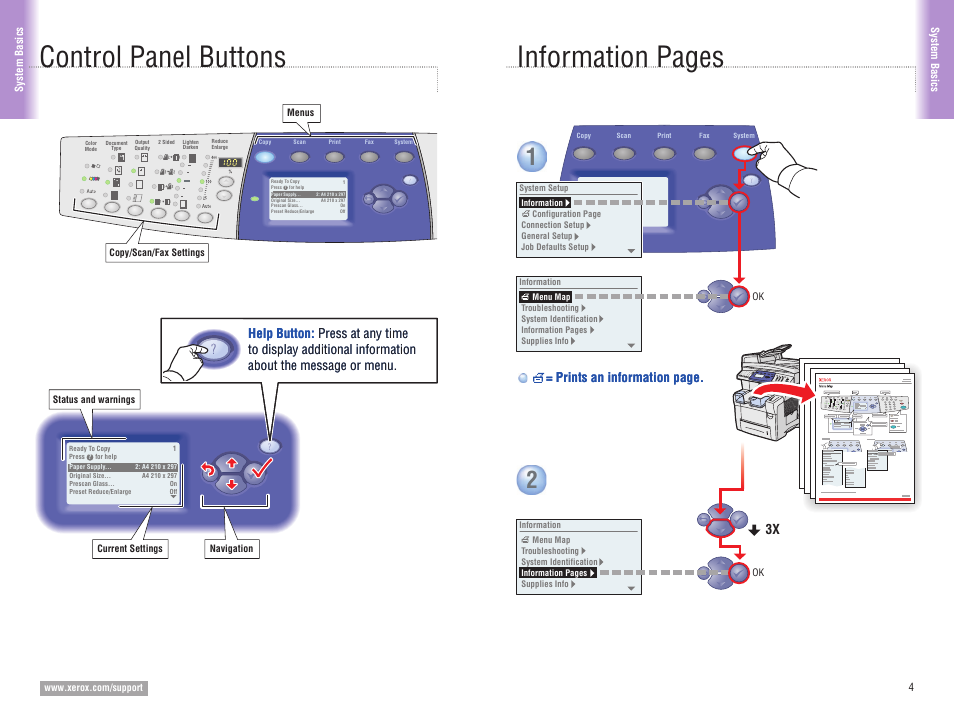 Information pages control panel buttons, Prints an information page | Xerox 8560MFP User Manual | Page 4 / 16