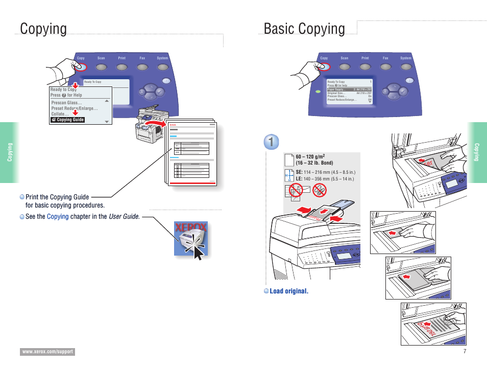 Copying, Basic copying copying, Phaser | Load original | Xerox 8560MFP User Manual | Page 7 / 16