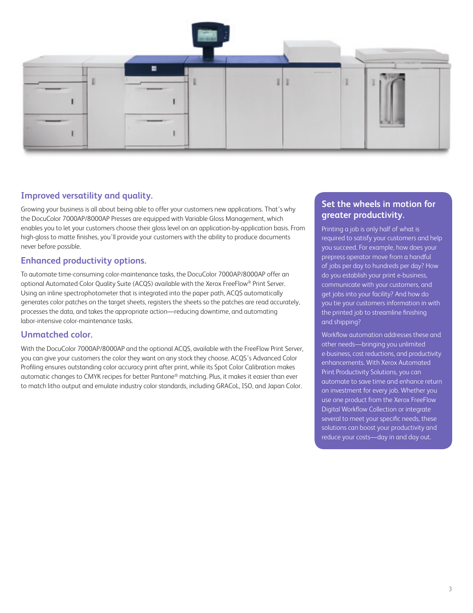 Improved versatility and quality, Enhanced productivity options, Unmatched color | Set the wheels in motion for greater productivity | Xerox DocuColor 7000AP User Manual | Page 3 / 8
