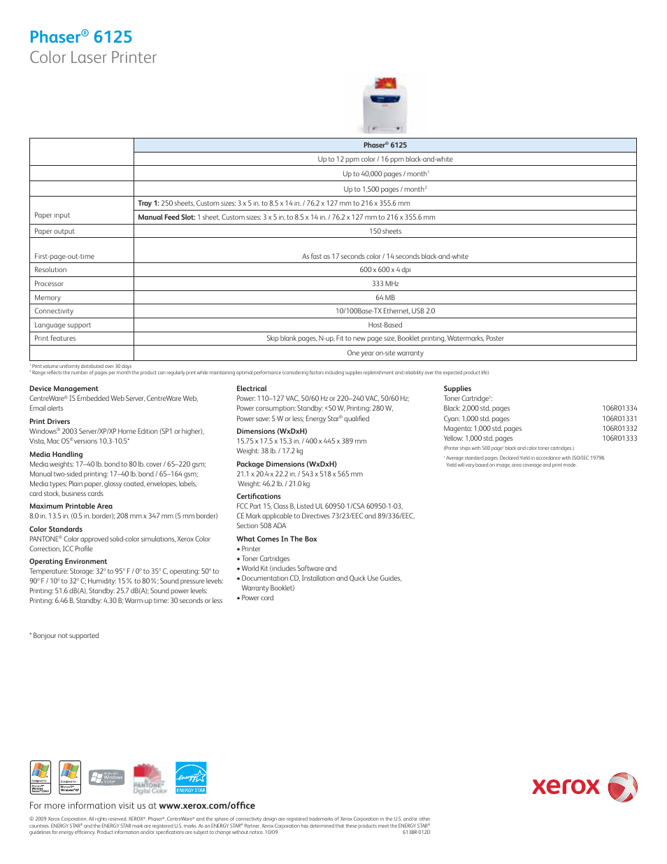 Phaser, 6125 color laser printer, Speed | Duty cycle, Recommended volume, Paper handling, Print, Warranty | Xerox PASHER 6125 User Manual | Page 2 / 2