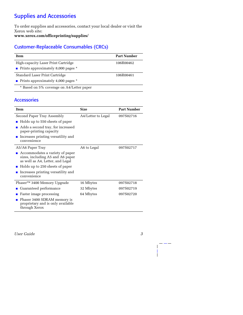 Supplies and accessories, Customer-replaceable consumables (crcs), Accessories | Xerox 3400 User Manual | Page 13 / 40