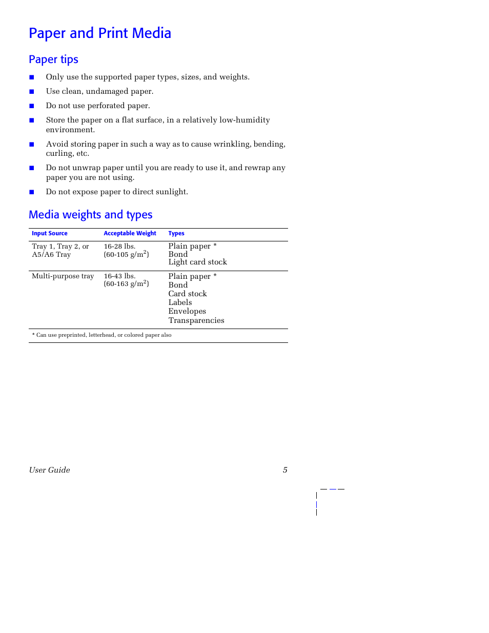 Paper and print media, Paper tips, Media weights and types | Paper tips media weights and types | Xerox 3400 User Manual | Page 15 / 40