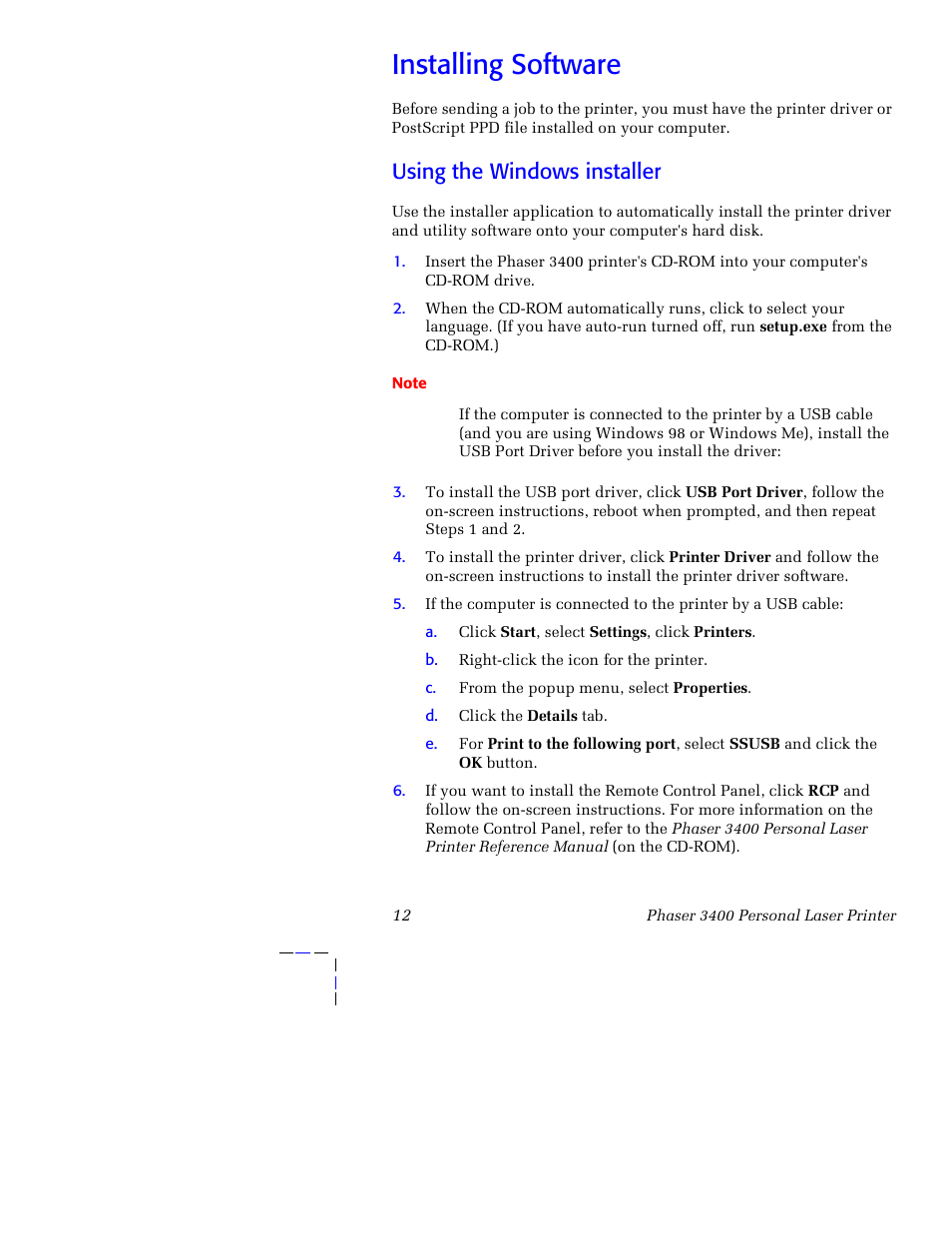 Installing software, Using the windows installer | Xerox 3400 User Manual | Page 22 / 40