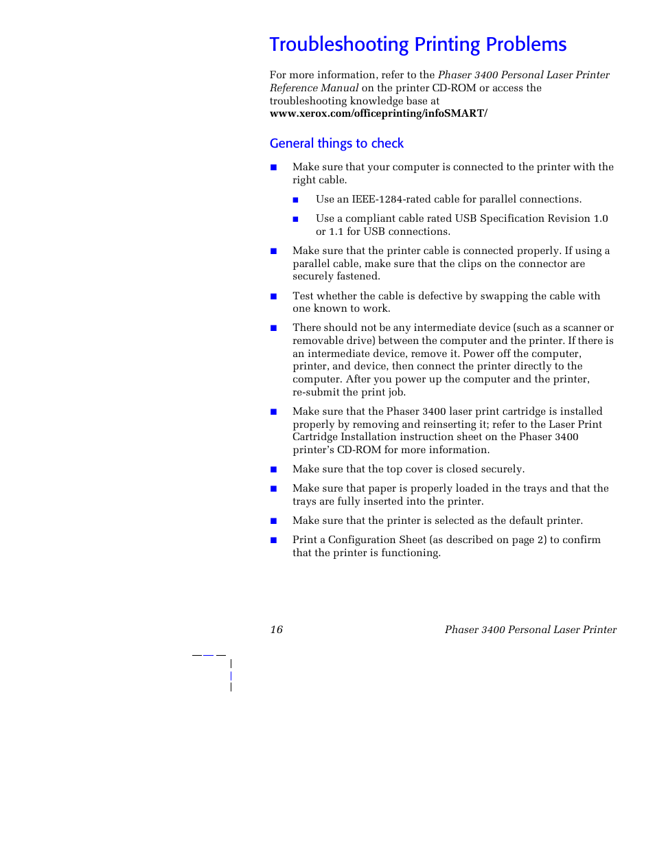 Troubleshooting printing problems, General things to check | Xerox 3400 User Manual | Page 26 / 40