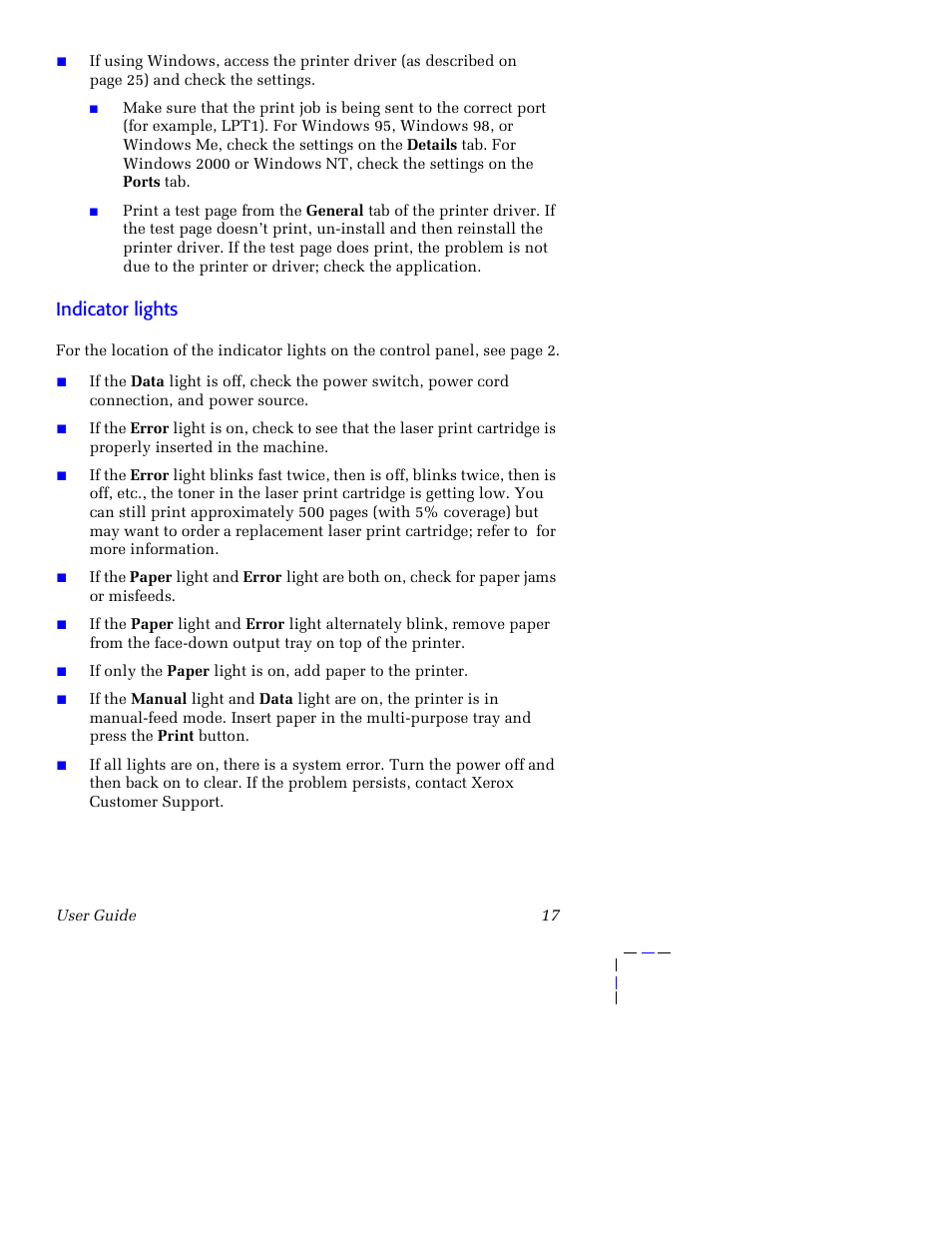 Indicator lights | Xerox 3400 User Manual | Page 27 / 40