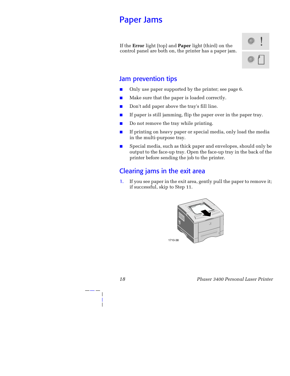 Paper jams, Jam prevention tips, Clearing jams in the exit area | Jam prevention tips clearing jams in the exit area | Xerox 3400 User Manual | Page 28 / 40