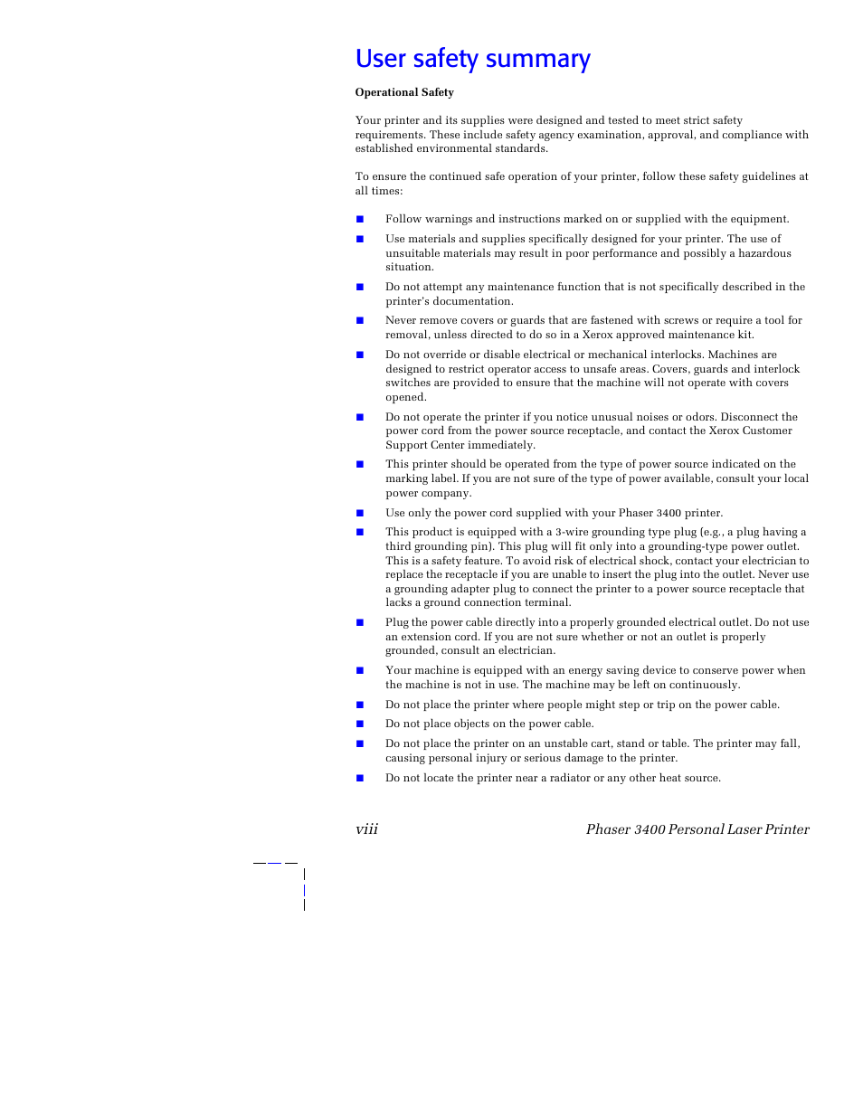 User safety summary, Viii | Xerox 3400 User Manual | Page 9 / 40