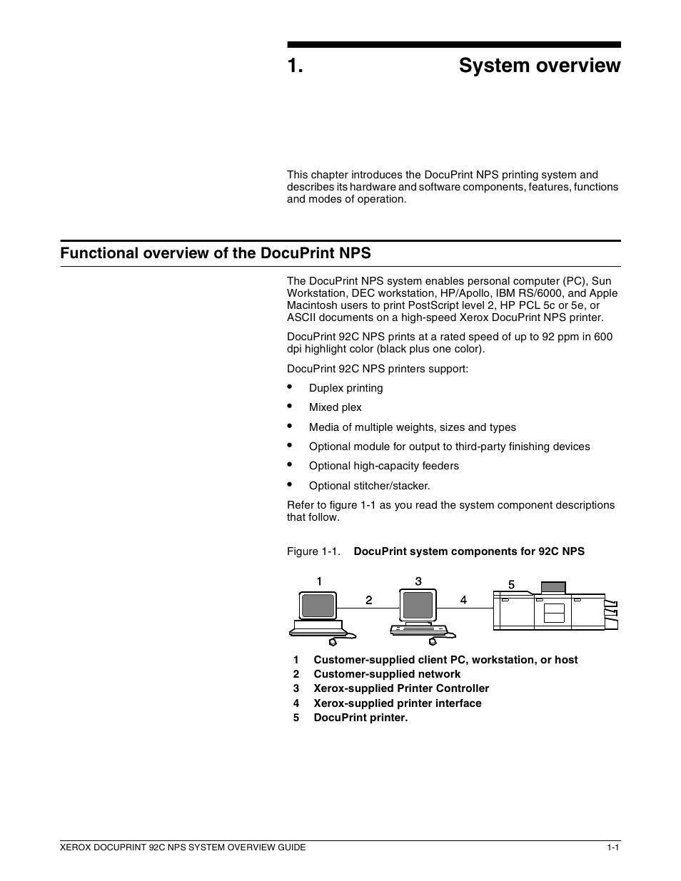 1system overview, Functional overview of the docuprint nps | Xerox 92C NPS User Manual | Page 11 / 64