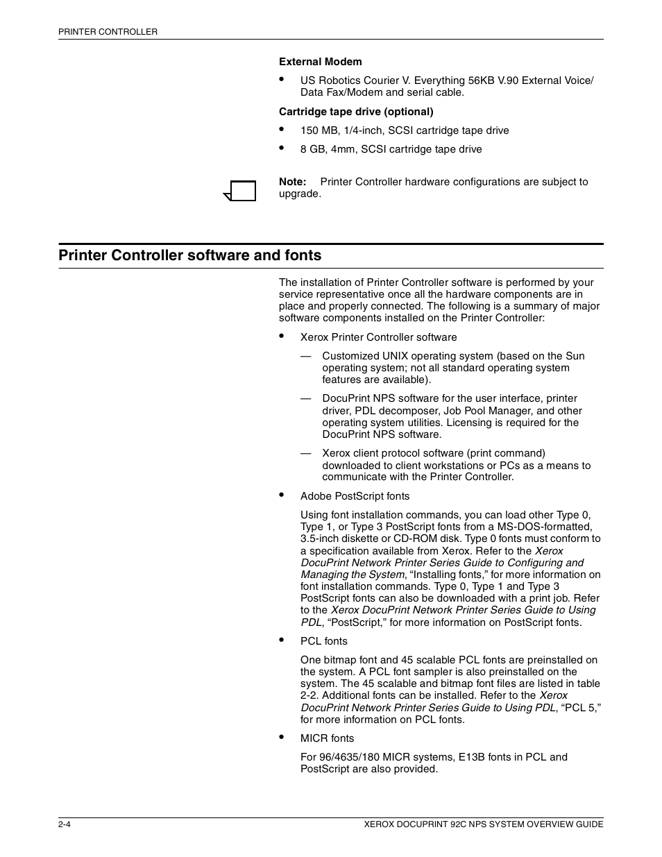 Printer controller software and fonts | Xerox 92C NPS User Manual | Page 20 / 64