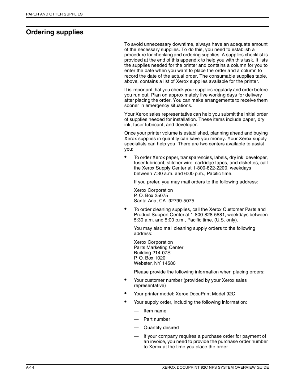 Ordering supplies | Xerox 92C NPS User Manual | Page 58 / 64