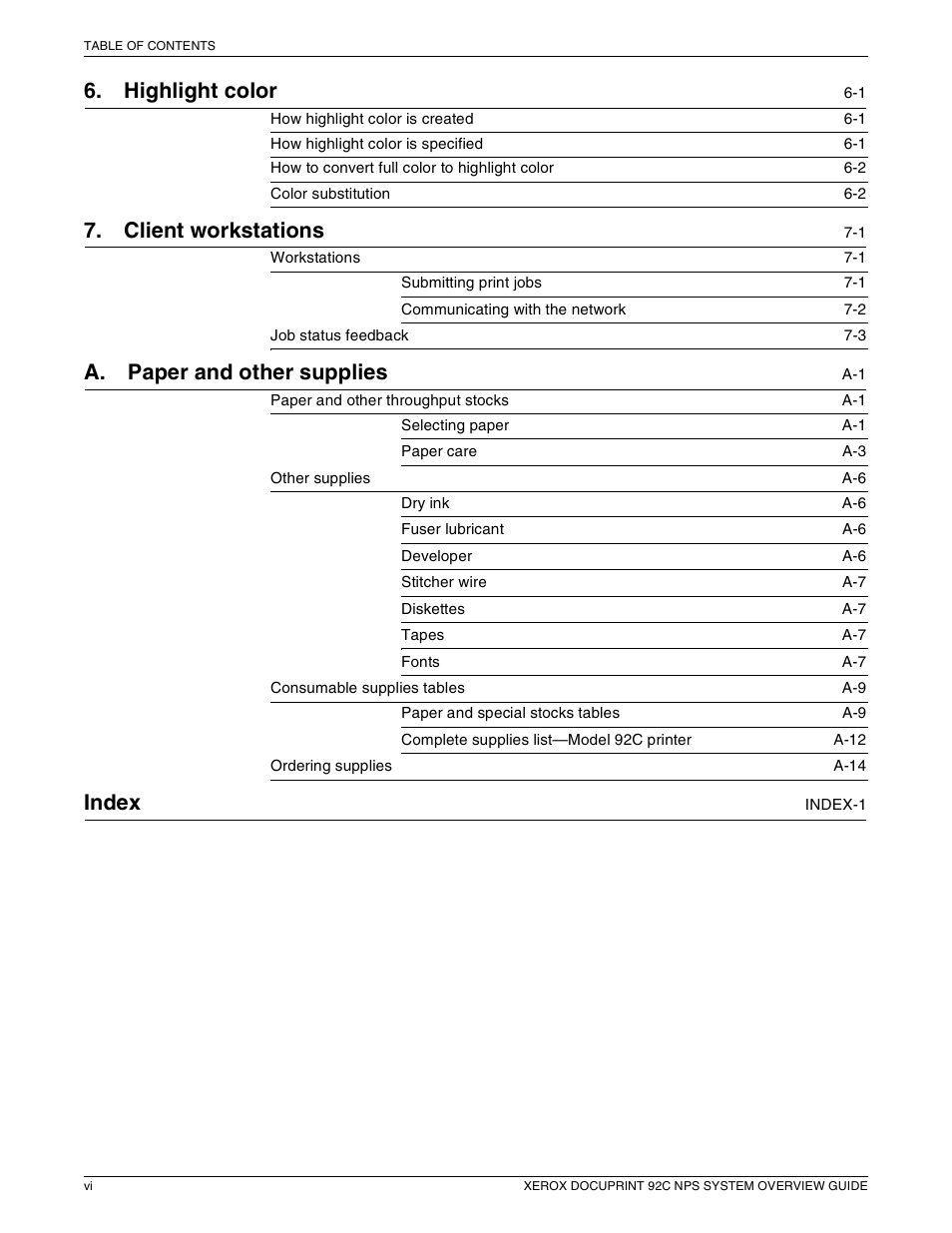 Highlight color, Client workstations, A. paper and other supplies | Index | Xerox 92C NPS User Manual | Page 6 / 64