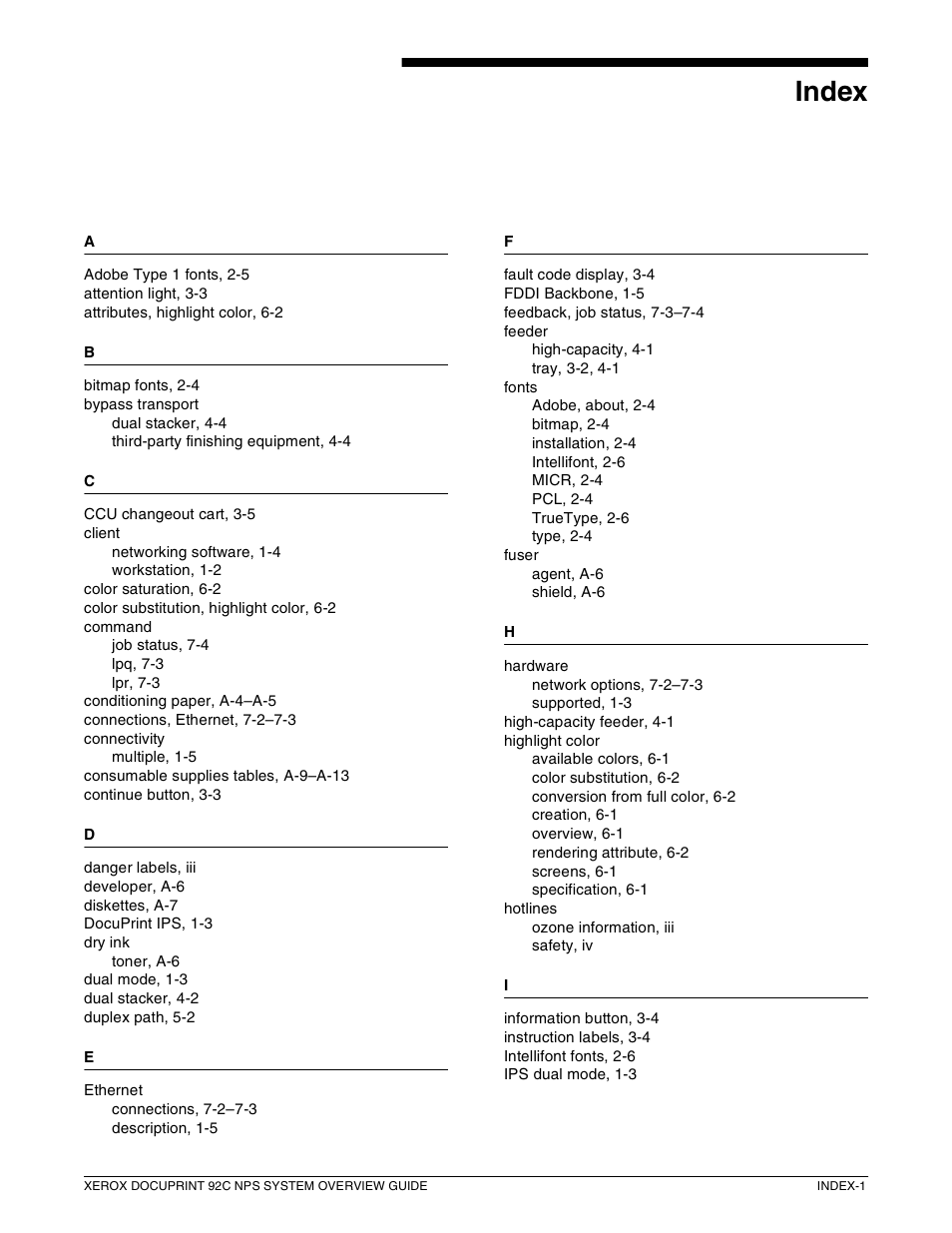 Index | Xerox 92C NPS User Manual | Page 61 / 64