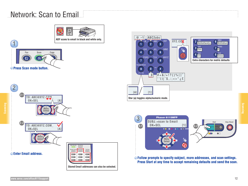 Network: scan to email, Press scan mode button | Xerox 6115MFP User Manual | Page 12 / 16