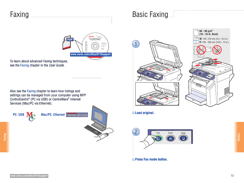 Faxing, Basic faxing faxing | Xerox 6115MFP User Manual | Page 13 / 16