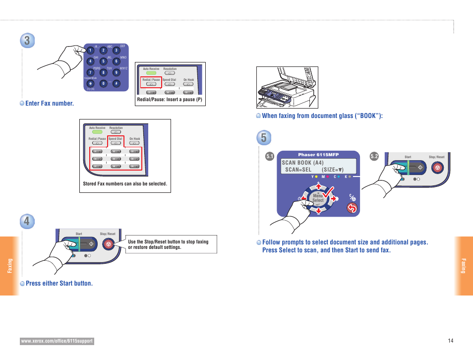 Press either start button, When faxing from document glass (“book”) | Xerox 6115MFP User Manual | Page 14 / 16