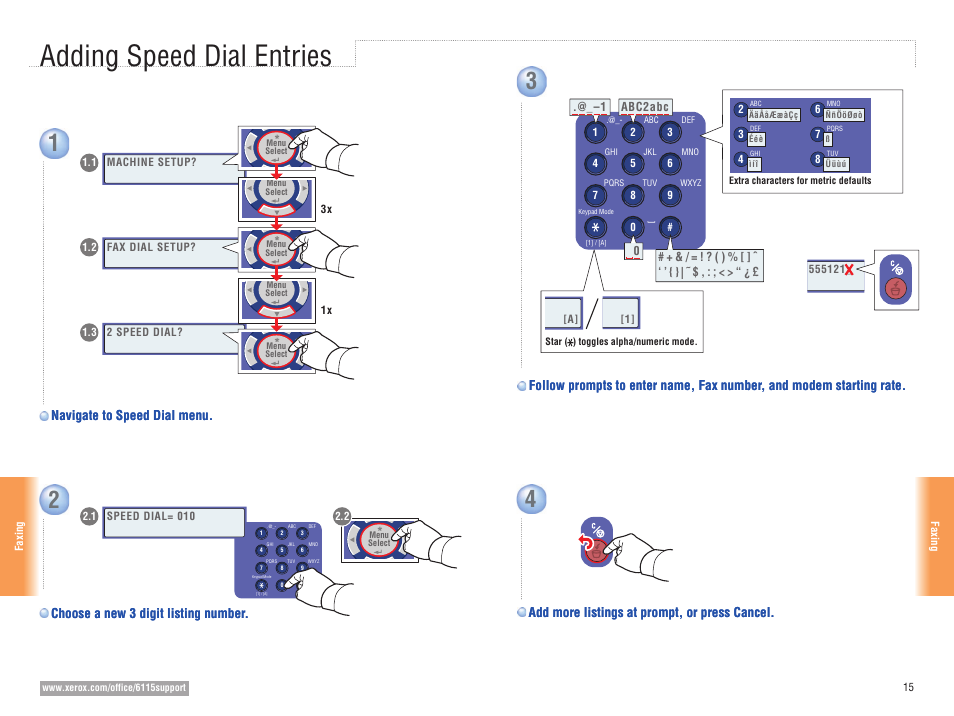 Adding speed dial entries, Add more listings at prompt, or press cancel | Xerox 6115MFP User Manual | Page 15 / 16
