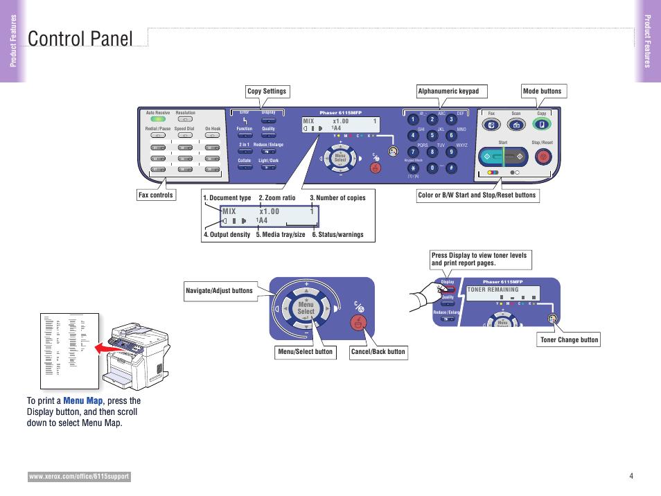 Control panel, 4product features product features | Xerox 6115MFP User Manual | Page 4 / 16