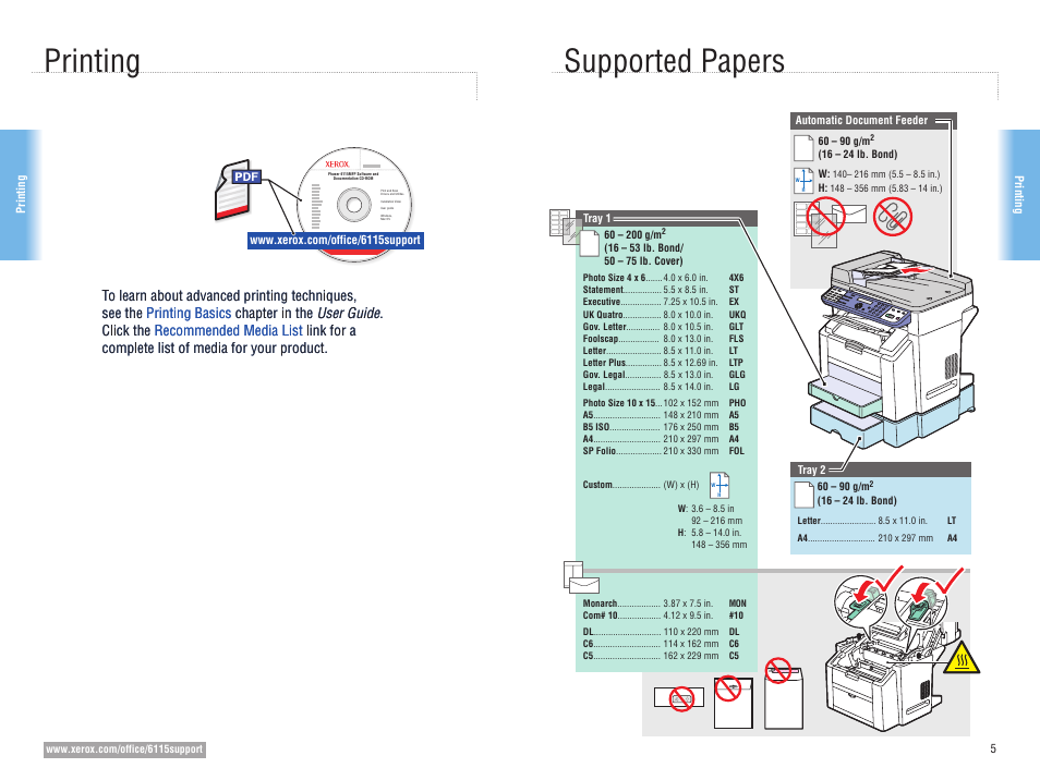 Printing, Supported papers printing | Xerox 6115MFP User Manual | Page 5 / 16