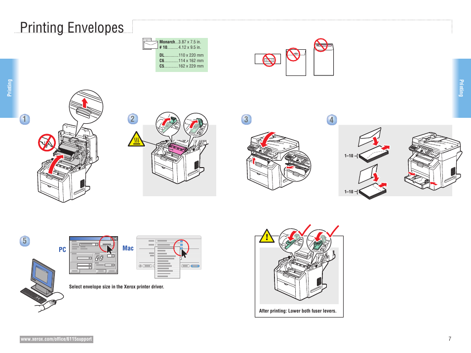 Printing envelopes | Xerox 6115MFP User Manual | Page 7 / 16