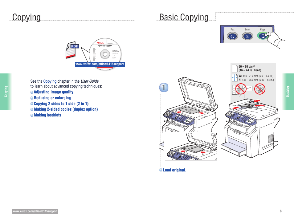 Copying, Basic copying copying | Xerox 6115MFP User Manual | Page 8 / 16