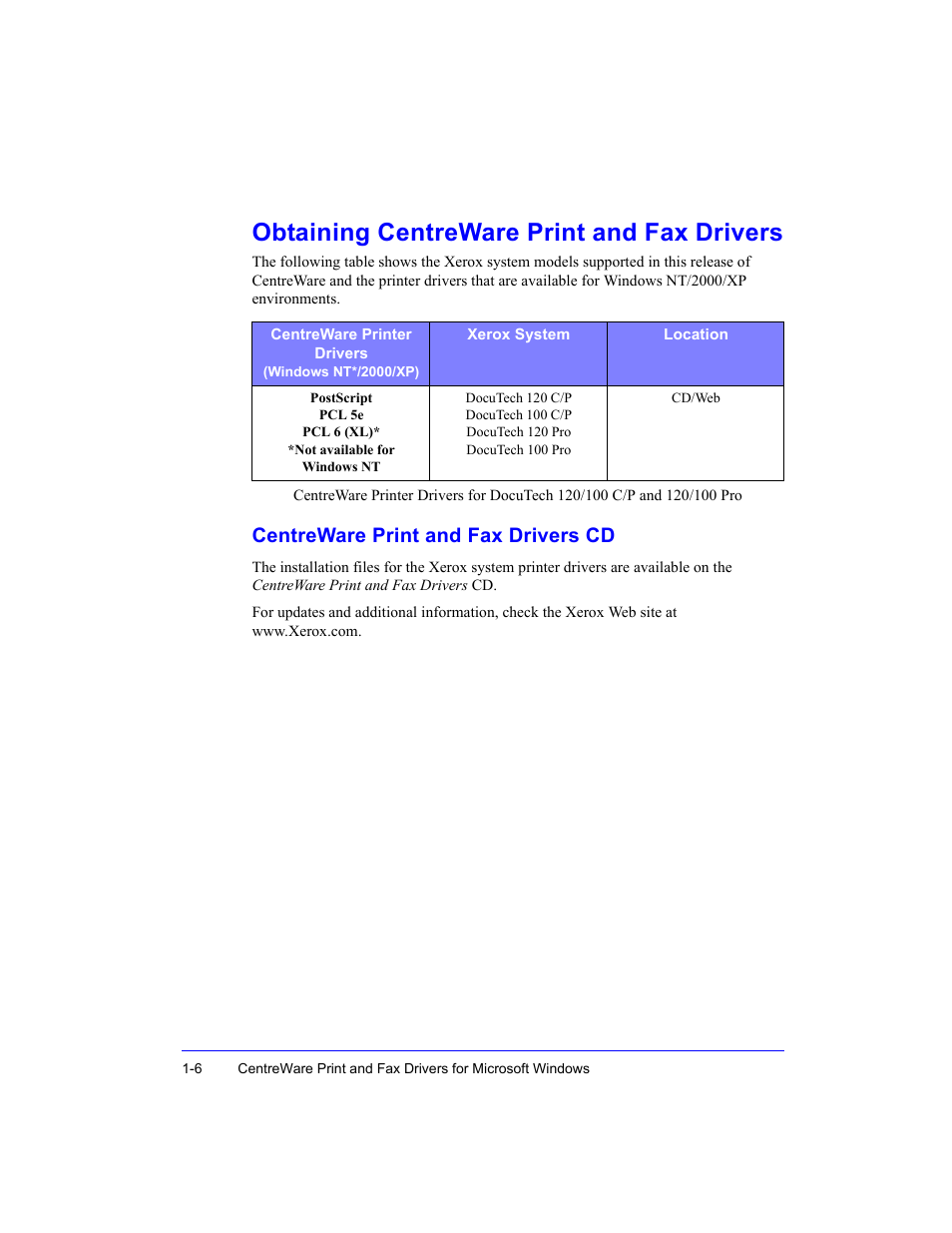 Obtaining centreware print and fax drivers, Centreware print and fax drivers cd -6, Obtaining centreware print and fax drivers -6 | Centreware print and fax drivers cd | Xerox Fax Machine User Manual | Page 10 / 54