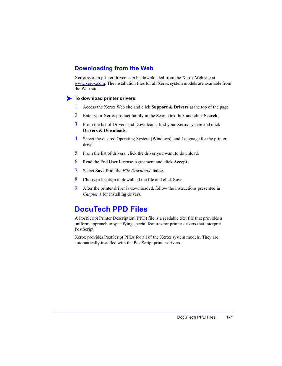 Downloading from the web, Docutech ppd files, Downloading from the web -7 | Docutech ppd files -7 | Xerox Fax Machine User Manual | Page 11 / 54