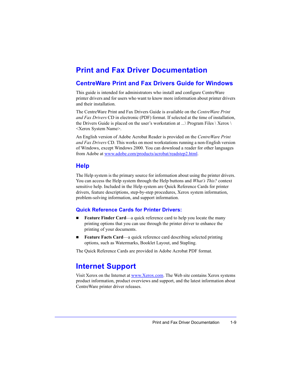 Print and fax driver documentation, Centreware print and fax drivers guide for windows, Help | Internet support, Print and fax driver documentation -9 | Xerox Fax Machine User Manual | Page 13 / 54