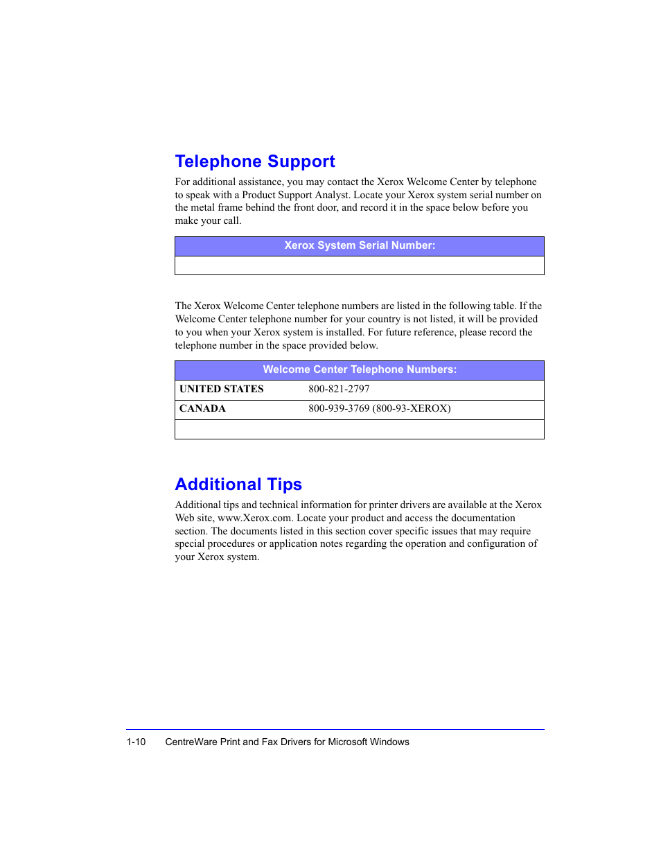 Telephone support, Additional tips, Telephone support -10 | Xerox Fax Machine User Manual | Page 14 / 54