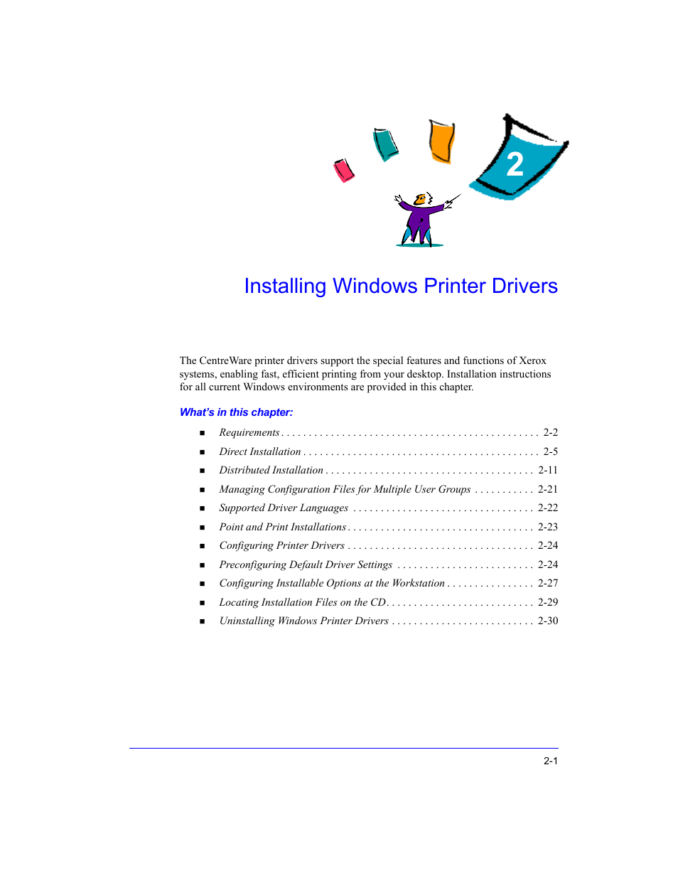 Installing windows printer drivers, Chapter 2, Installing windows printer drivers -1 | Xerox Fax Machine User Manual | Page 15 / 54