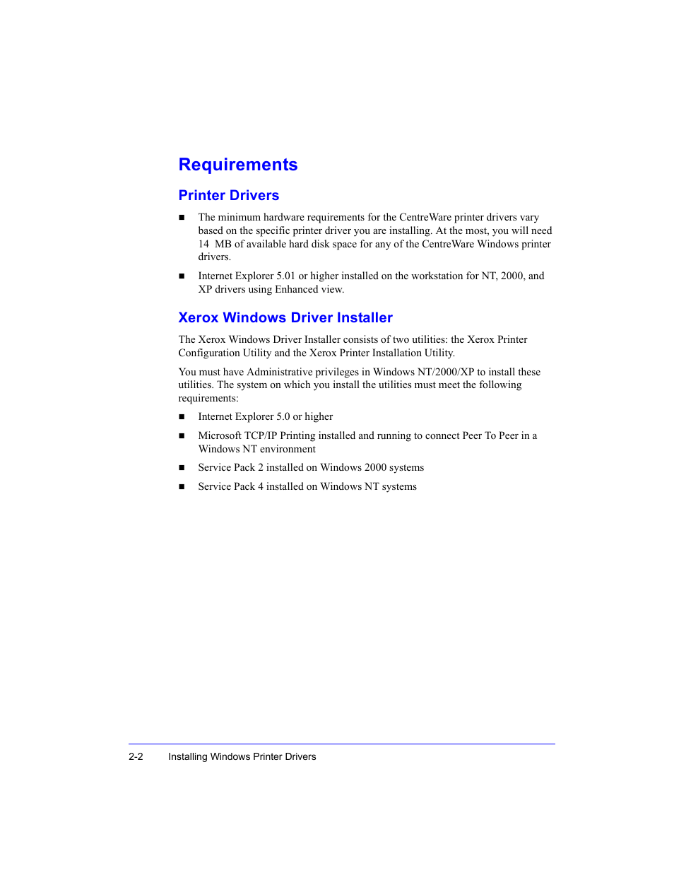 Requirements, Printer drivers, Xerox windows driver installer | Xerox Fax Machine User Manual | Page 16 / 54