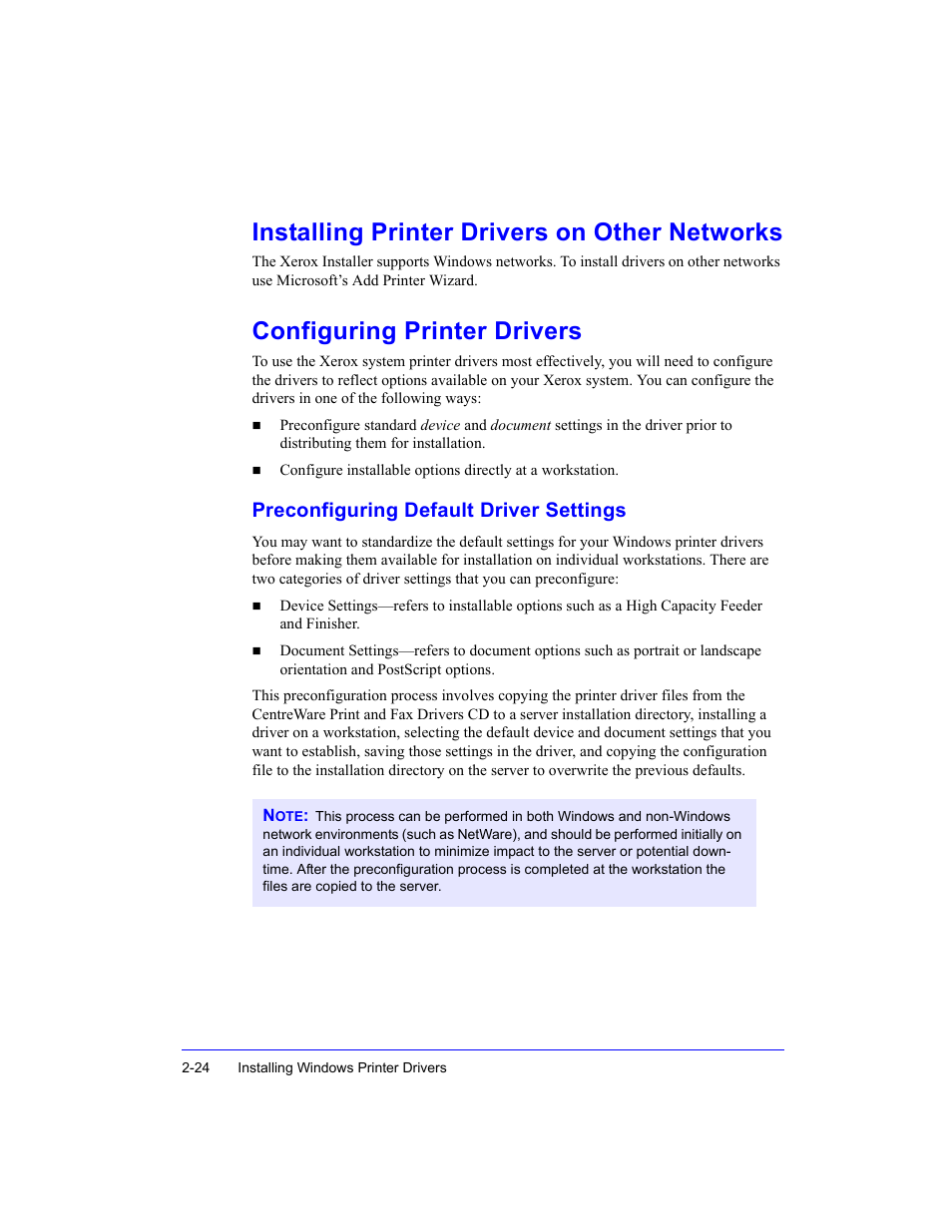 Installing printer drivers on other networks, Configuring printer drivers, Preconfiguring default driver settings | Preconfiguring default driver settings -2 | Xerox Fax Machine User Manual | Page 38 / 54
