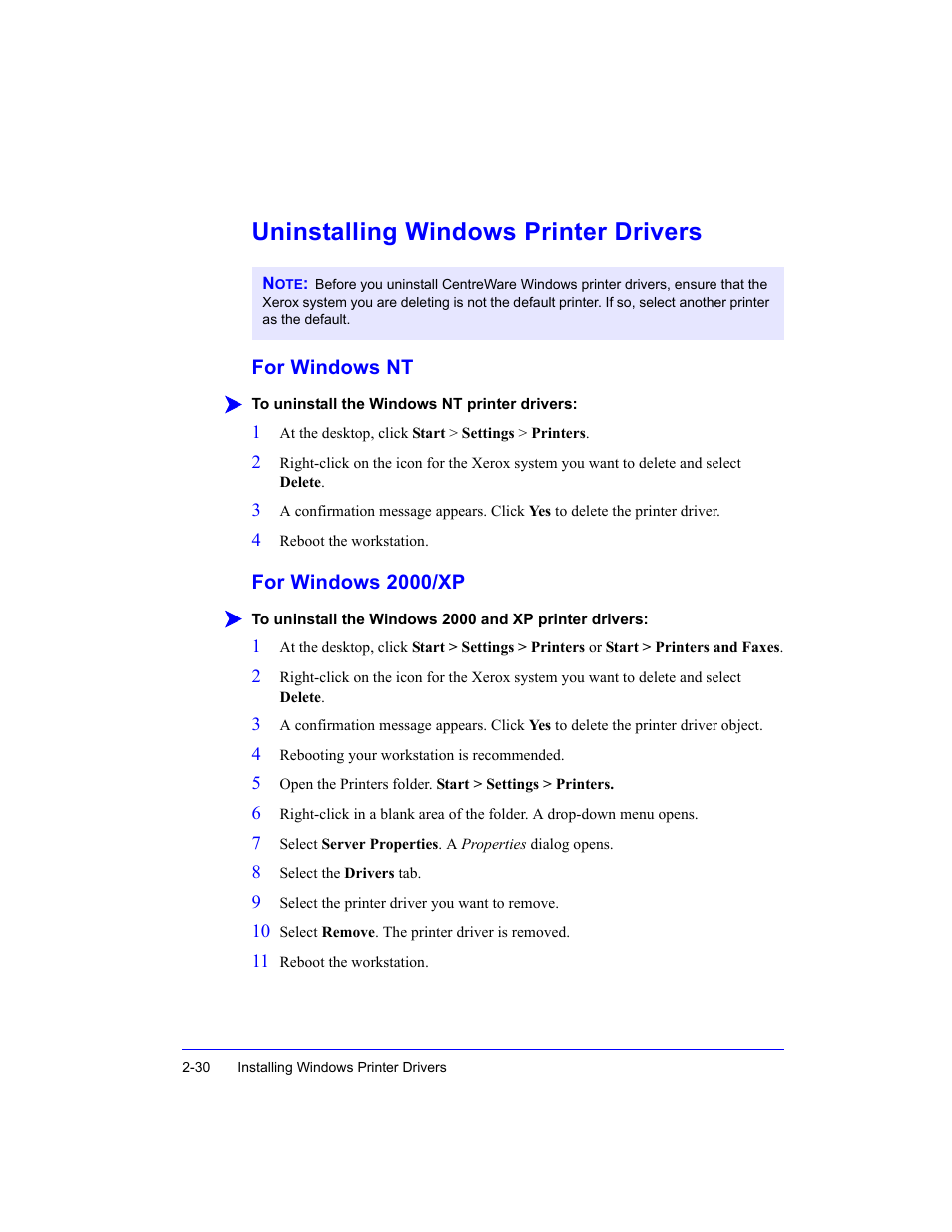 Uninstalling windows printer drivers, For windows nt, For windows 2000/xp | For windows nt -3, For windows 2000/xp -3 | Xerox Fax Machine User Manual | Page 44 / 54