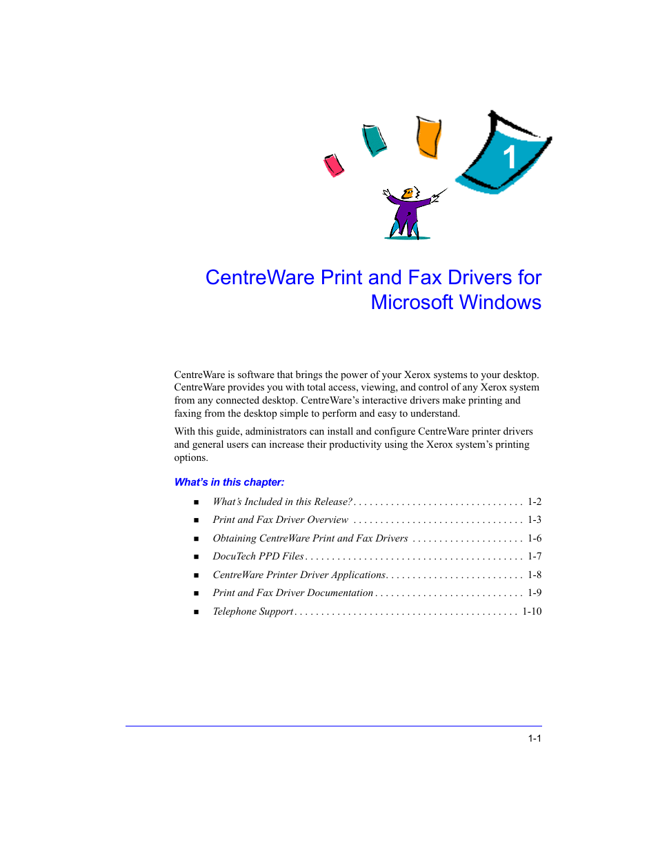 Chapter 1, Centreware print and fax drivers for, Microsoft windows -1 | Xerox Fax Machine User Manual | Page 5 / 54