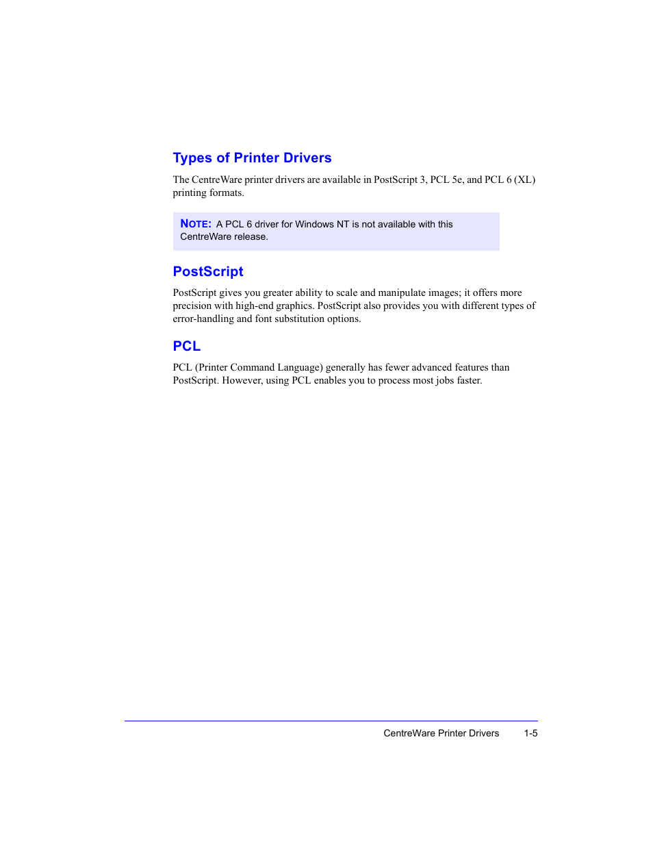 Types of printer drivers, Postscript, Types of printer drivers -5 postscript -5 pcl -5 | Xerox Fax Machine User Manual | Page 9 / 54