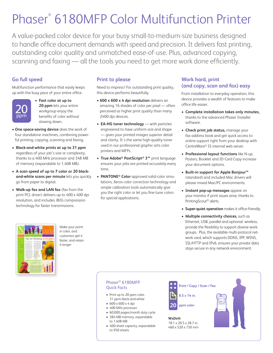 Phaser, 6180mfp color multifunction printer, June | Go full speed, Print to please, Work hard, print (and copy, scan and fax) easy | Xerox Phaser 6180 User Manual | Page 2 / 4