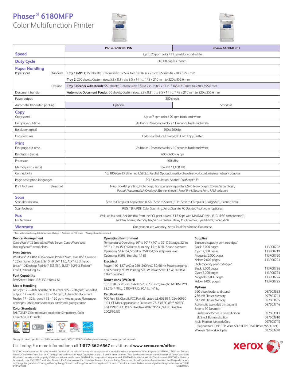 Phaser, 6180mfp color multifunction printer, Speed | Duty cycle, Paper handling, Copy, Print, Scan, Warranty | Xerox Phaser 6180 User Manual | Page 4 / 4