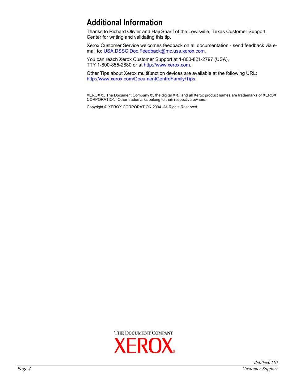 Additional information | Xerox DC00CC0210 User Manual | Page 4 / 4