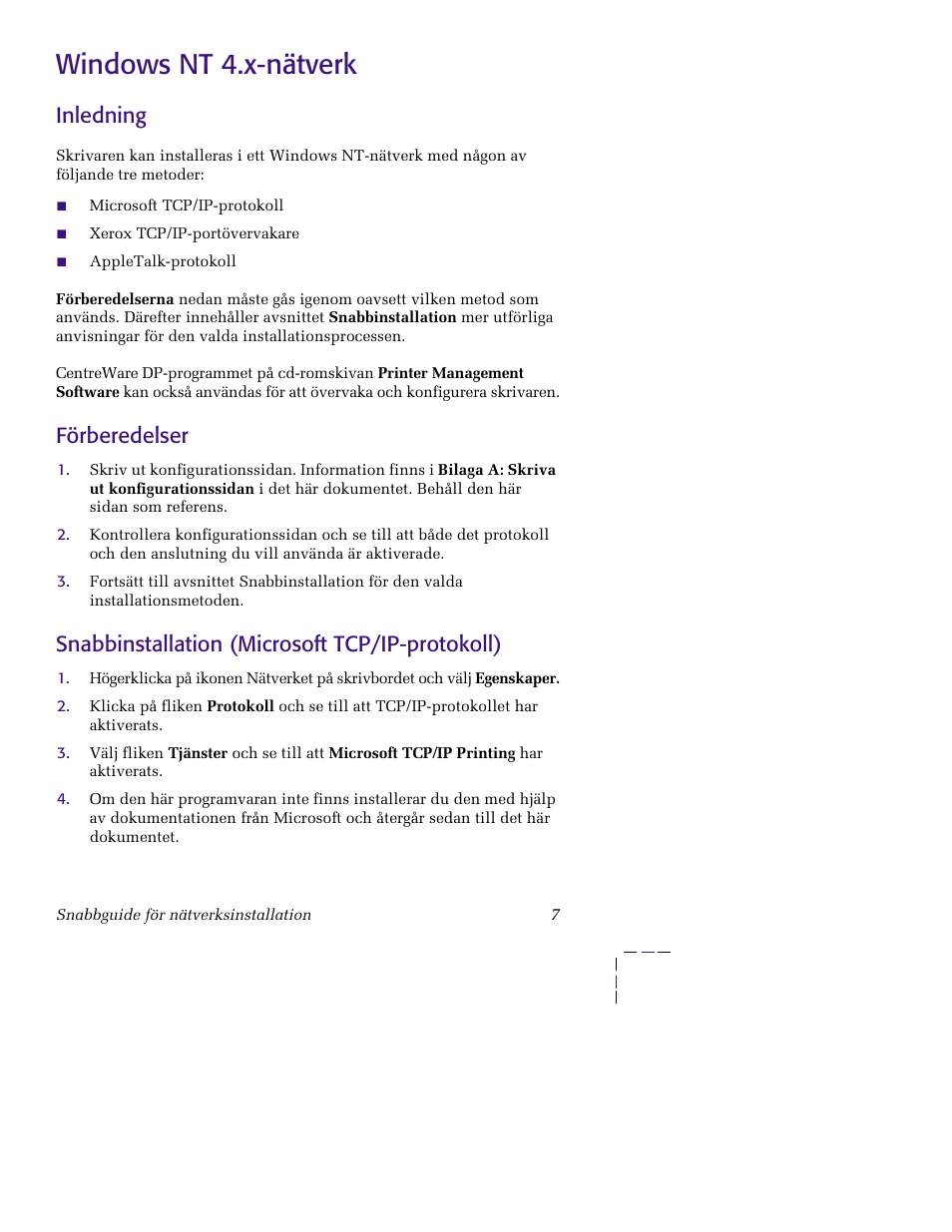 Windows nt 4.x-nätverk, Inledning, Förberedelser | Snabbinstallation (microsoft tcp/ip-protokoll) | Xerox XERORPHASER 5400 User Manual | Page 13 / 40