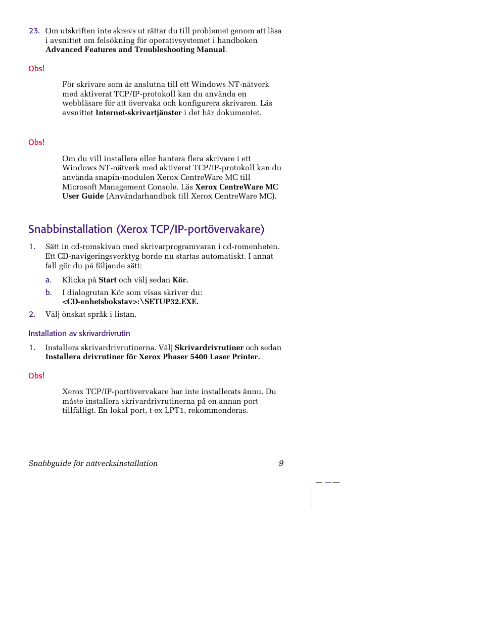 Snabbinstallation (xerox tcp/ip-portövervakare), Installation av skrivardrivrutin | Xerox XERORPHASER 5400 User Manual | Page 15 / 40