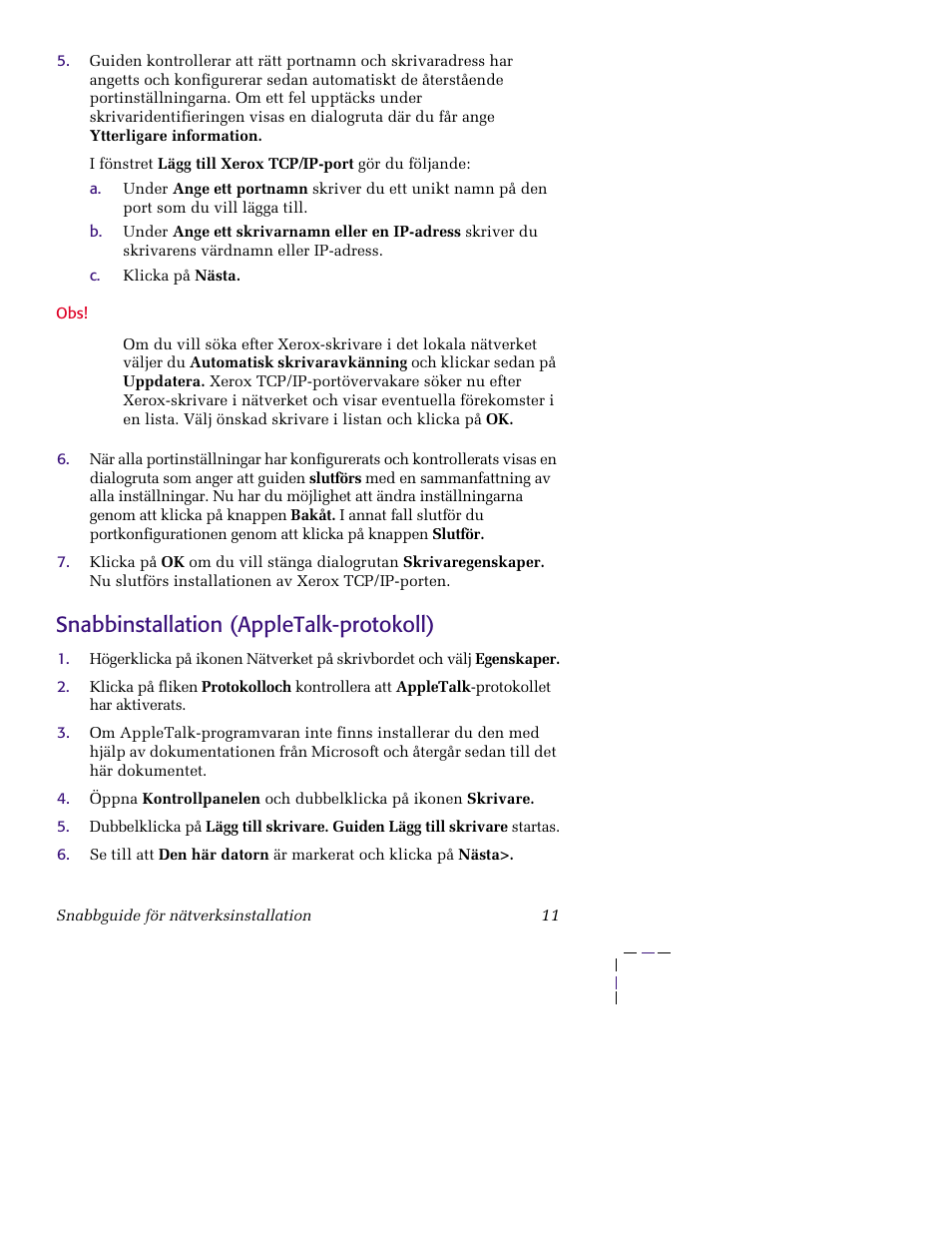 Snabbinstallation (appletalk-protokoll) | Xerox XERORPHASER 5400 User Manual | Page 17 / 40
