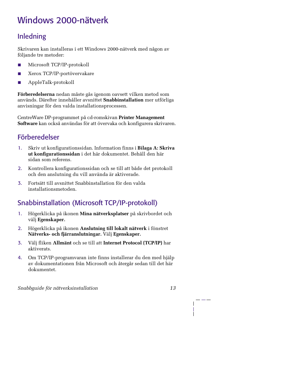Windows2000-nätverk, Inledning, Förberedelser | Snabbinstallation (microsoft tcp/ip-protokoll), Windows 2000-nätverk | Xerox XERORPHASER 5400 User Manual | Page 19 / 40