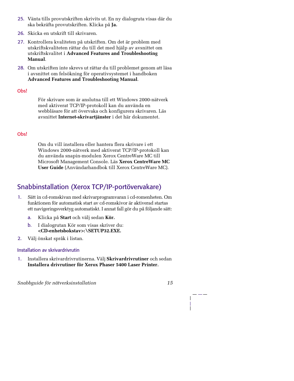 Snabbinstallation (xerox tcp/ip-portövervakare), Installation av skrivardrivrutin | Xerox XERORPHASER 5400 User Manual | Page 21 / 40