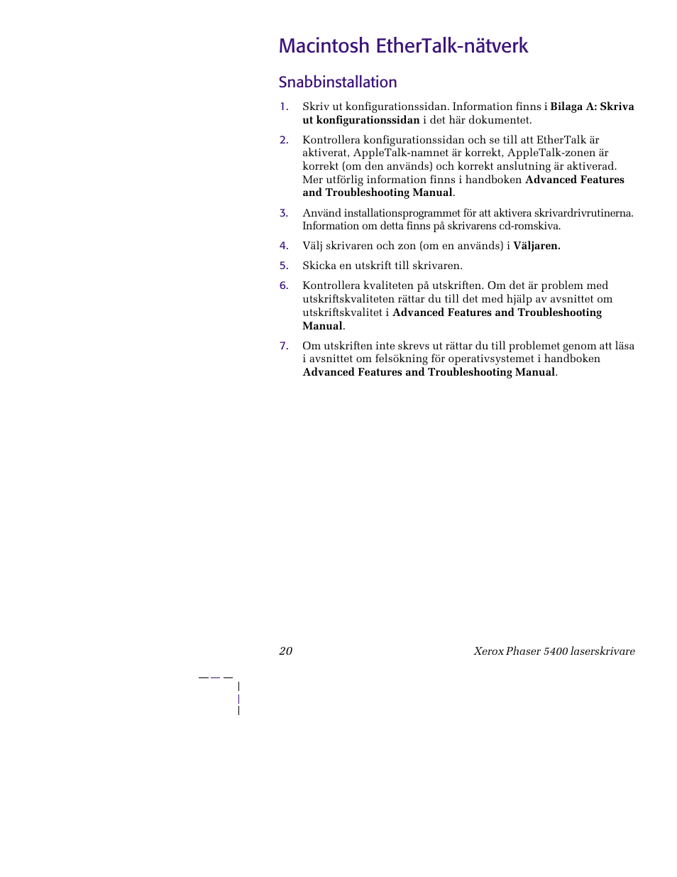 Macintosh ethertalk-nätverk, Snabbinstallation | Xerox XERORPHASER 5400 User Manual | Page 26 / 40