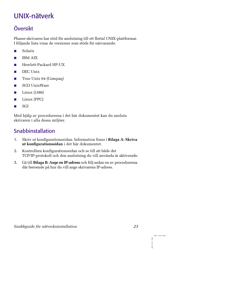 Unix-nätverk, Översikt, Snabbinstallation | Översikt snabbinstallation | Xerox XERORPHASER 5400 User Manual | Page 29 / 40