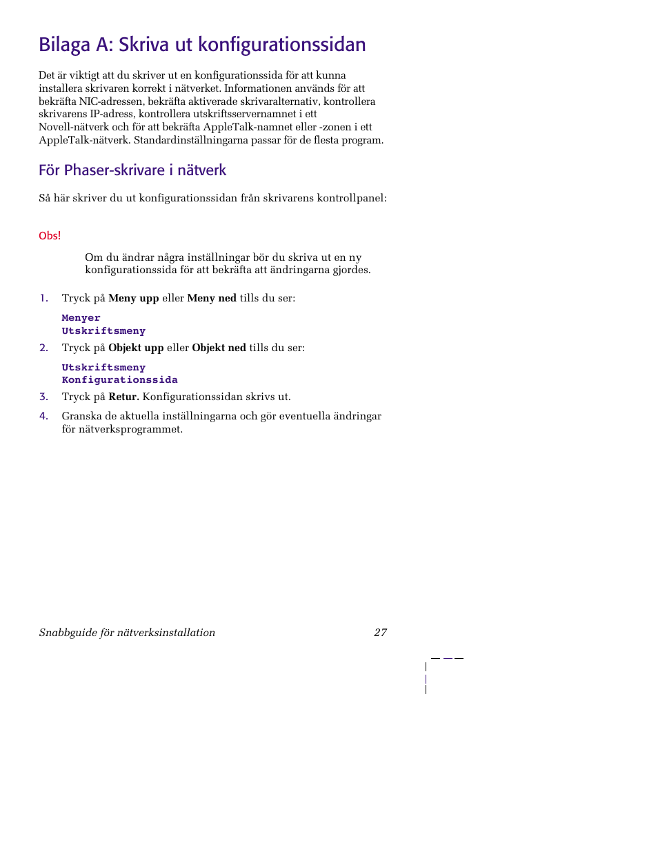 Bilaga a: skriva ut konfigurationssidan, För phaser-skrivare i nätverk | Xerox XERORPHASER 5400 User Manual | Page 33 / 40
