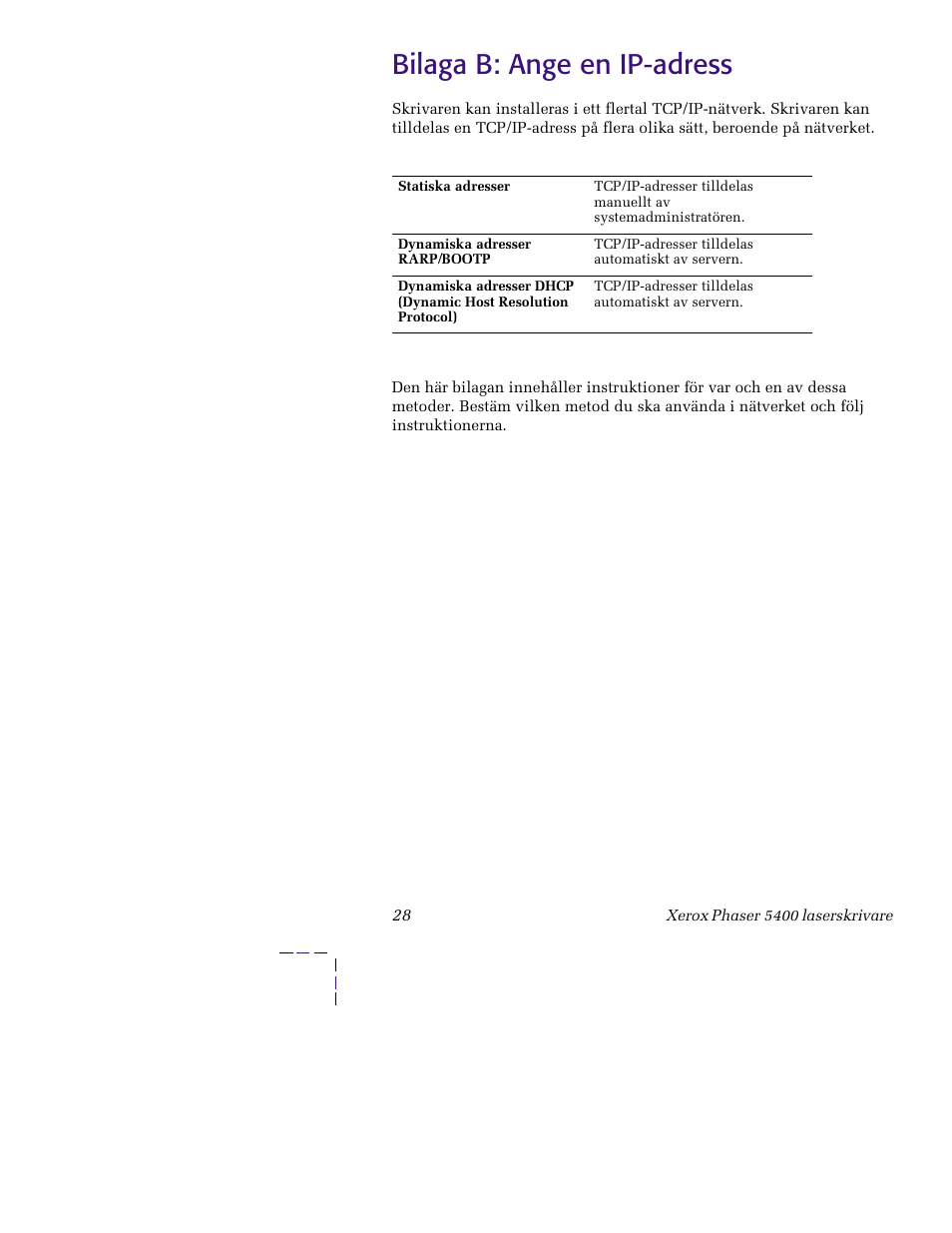 Bilaga b: angeen ip-adress, Bilaga b: ange en ip-adress | Xerox XERORPHASER 5400 User Manual | Page 34 / 40